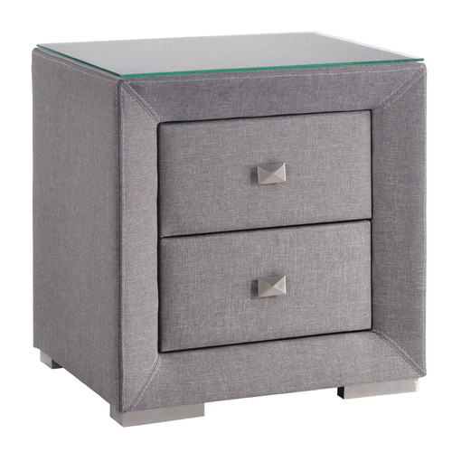 Light Grey Modernized Fabric Bed Side Table With Glass Top by Temple