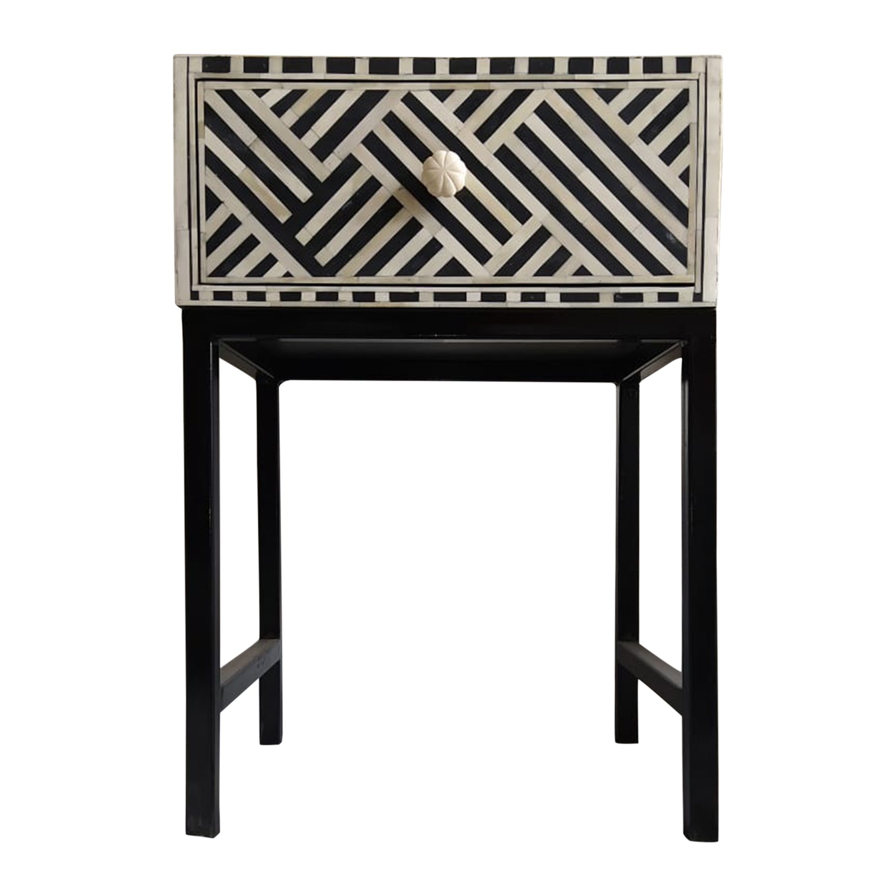 Bone Inlay Stripe Bedside Table with Steel Legs Black by Mahlia Interiors Style Sourcebook
