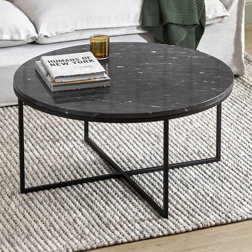 80cm Black Serena Round Marble Coffee Table Tabletop Colour Black by Temple & Webster Style