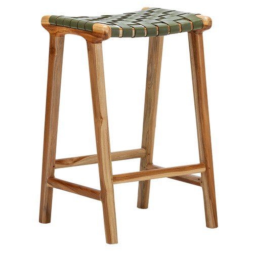 66cm Cassie Leather & Teak Counter Stool Colour Olive Green by Temple