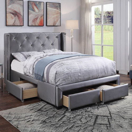 Silver Benitez Faux Leather Bed with Drawers & USB Ports Size King by