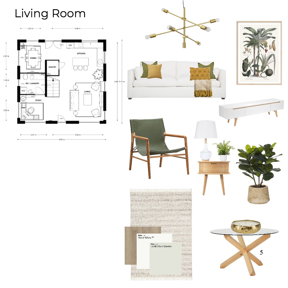 Monochromatic Green Living Room Sample Board Interior Design Mood Board