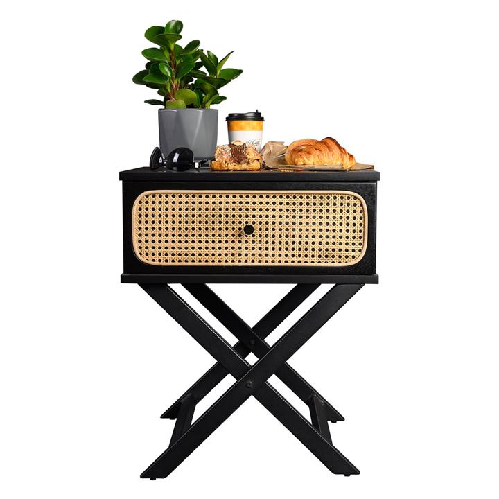 Minya Bedside Table with Rattan Drawer in Black by Emma's Bedroom by
