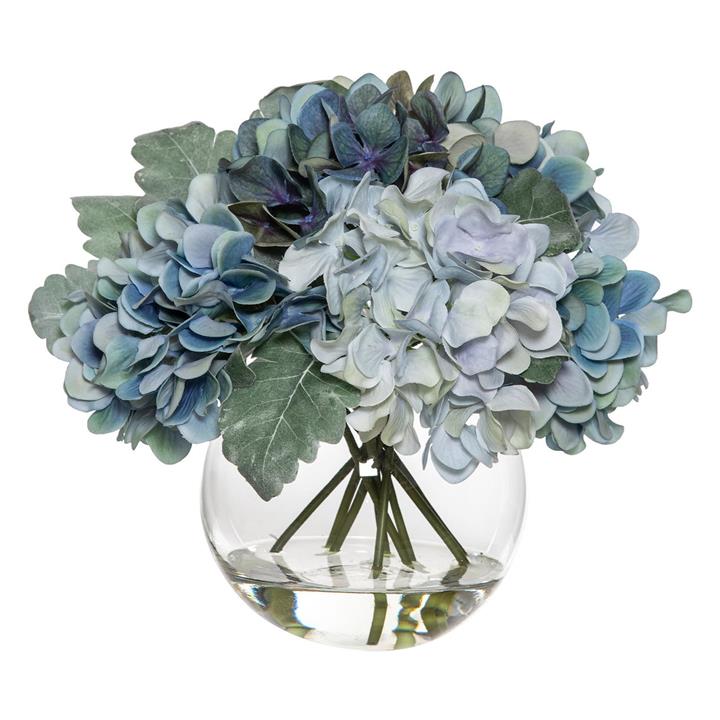 Hydrangea Mix in Sphere Vase (Artificial) in White by Rogue by Rogue