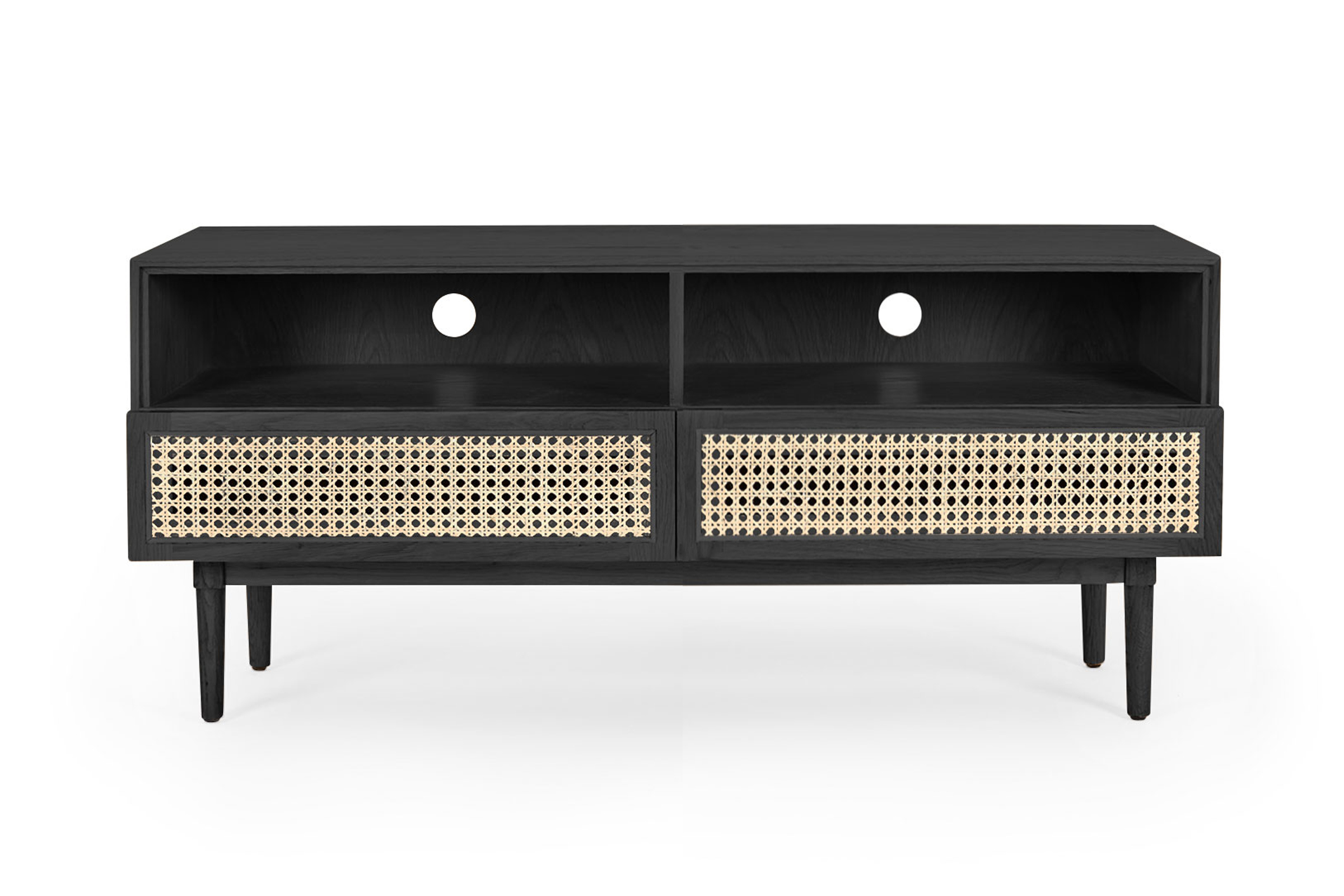 Tara 120cm Coastal Rattan TV Unit, Black Solid Oak, by Lounge Lovers by Lounge Lovers Style
