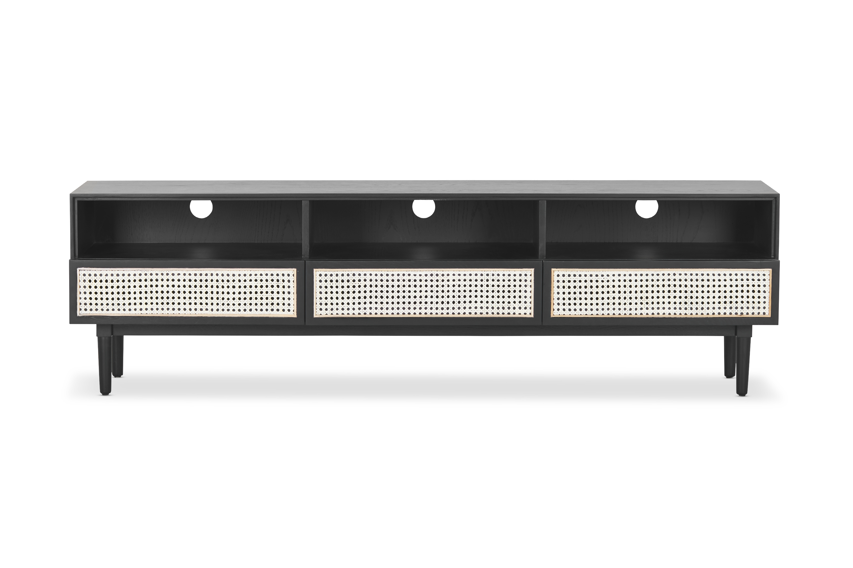 Tara 180cm Scandi Rattan TV Unit, Black Solid Oak, by Lounge Lovers by