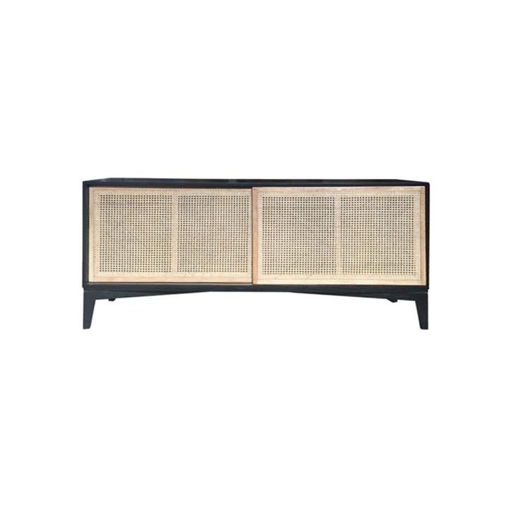 Andros Timber & Rattan Sliding Door Sideboard, 180cm, Black / Natural