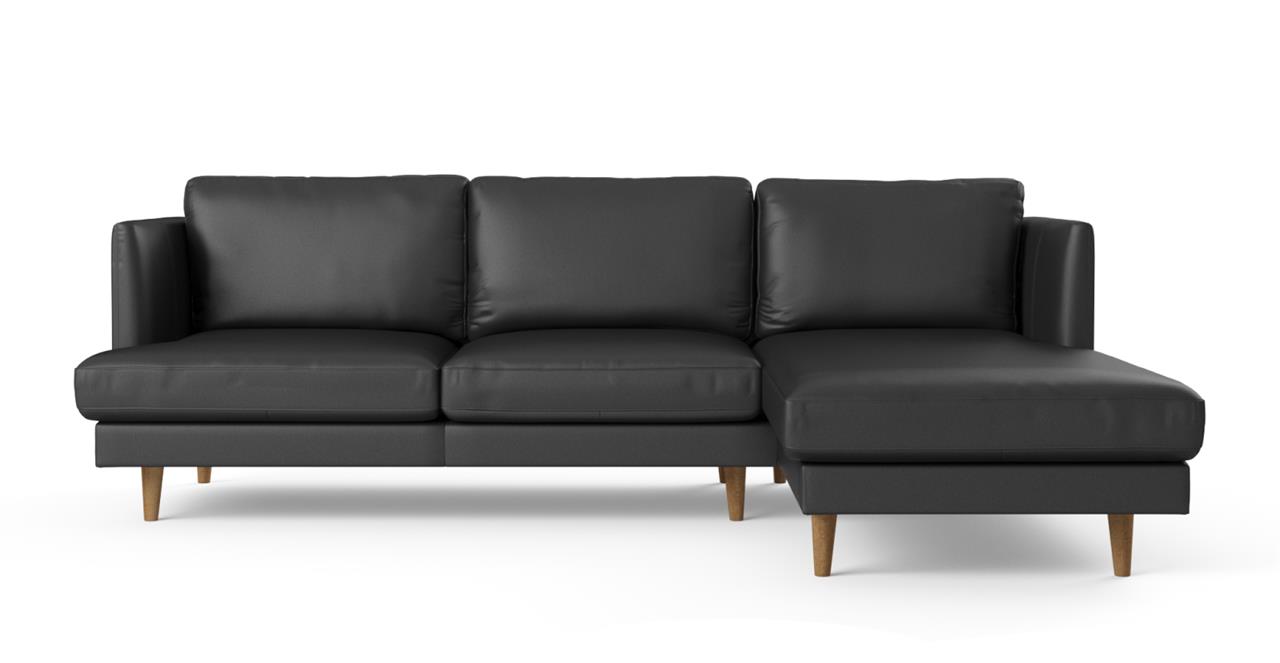 Calvin Leather 3 Seater Chaise Sofa Pebble Black Right Chaise by Brosa