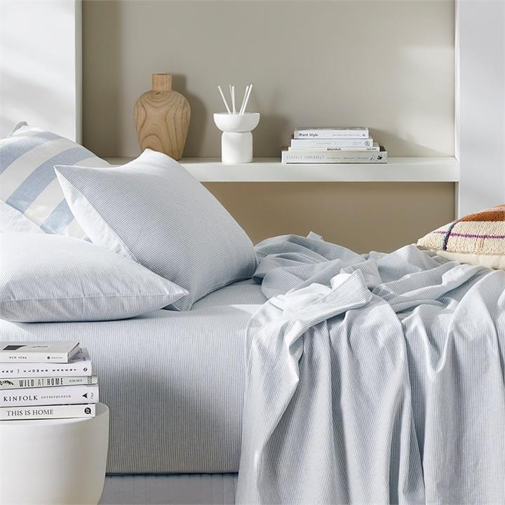 Adairs VW Linen Cotton Bedlinen Sky Blue Stripe Queen Extra Depth Sky
