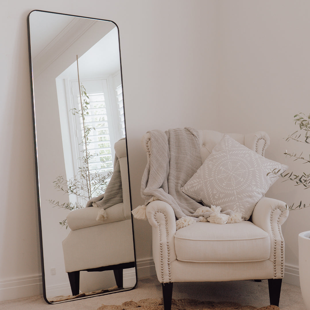 Round Corner Black Metal Frame Leaner Mirror • 170cm x 60cm by Luxe