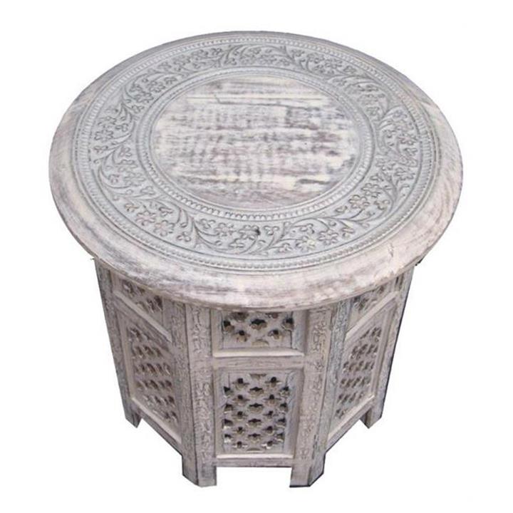 Carved Rubber Wood Timber Round Side Table, White Wash by Dodicci Style Sourcebook