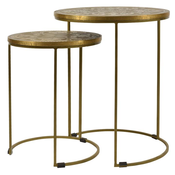 Jafar 2 Piece Brass Clad Round Nesting Side Table Set, Antique Brass by