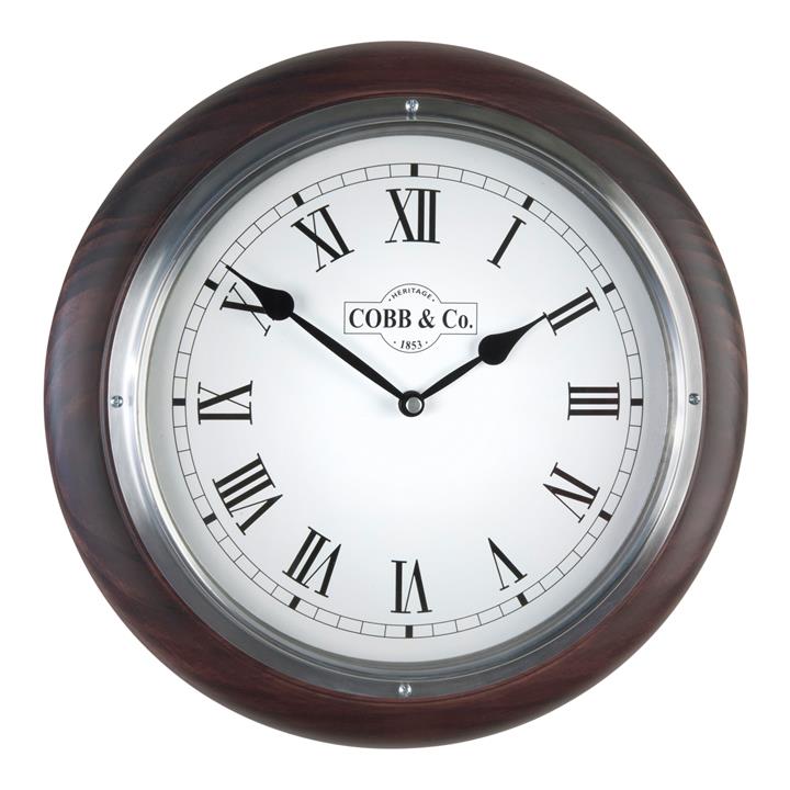 Cobb & Co. Railway Wall Clock, Roman Numerals, Medium, Satin Mahogany