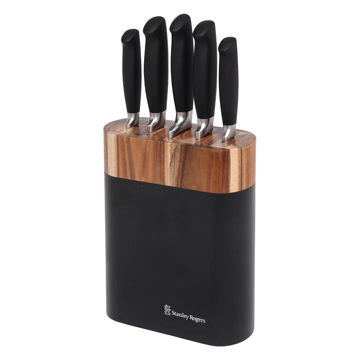 Oval 6Piece Acacia Knife Block Set in Silver by Stanley Rogers by