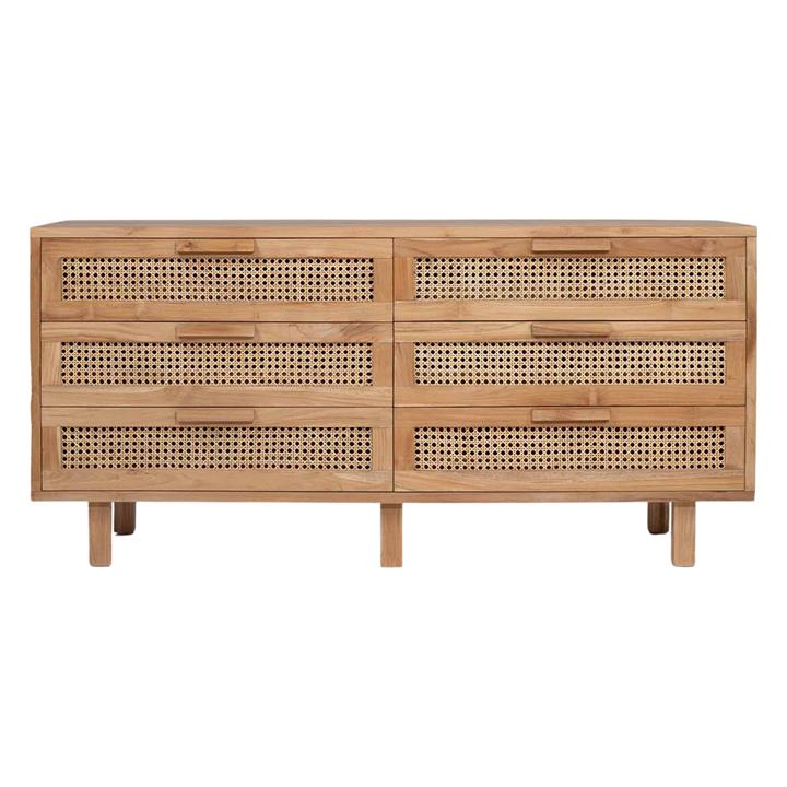 Lauren Rattan & Teak Chest of 6 Drawers in Natural by Abide Interiors