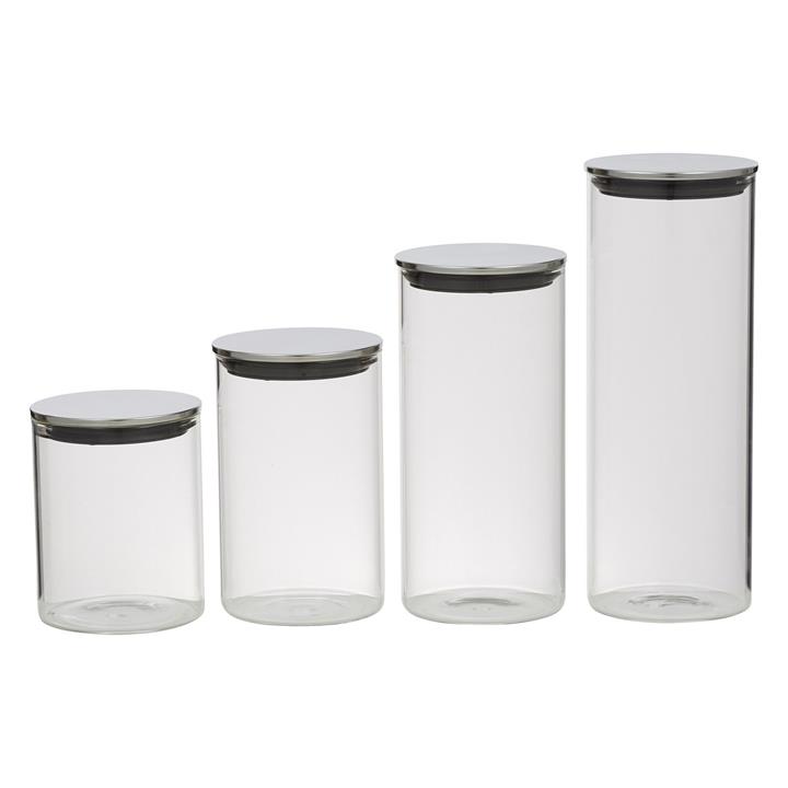 Set of 4 Glass Canisters with Stainless Steel Lids in Silver by Davis