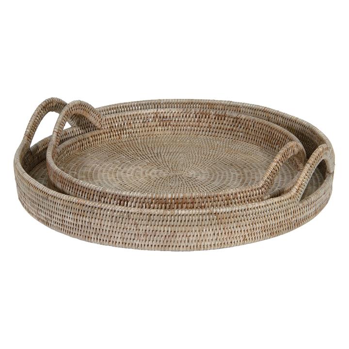 Rattan Set of 2 Round Trays in Whitewash by Satara by Satara Style