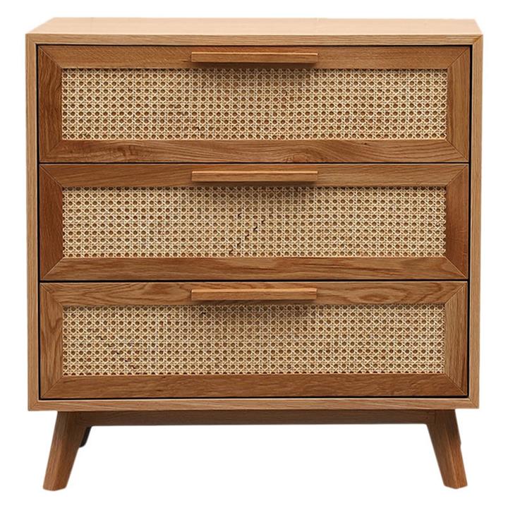 Empire Oak & Rattan Chest of 3 Drawers in Brown by Beaumont & Braddock