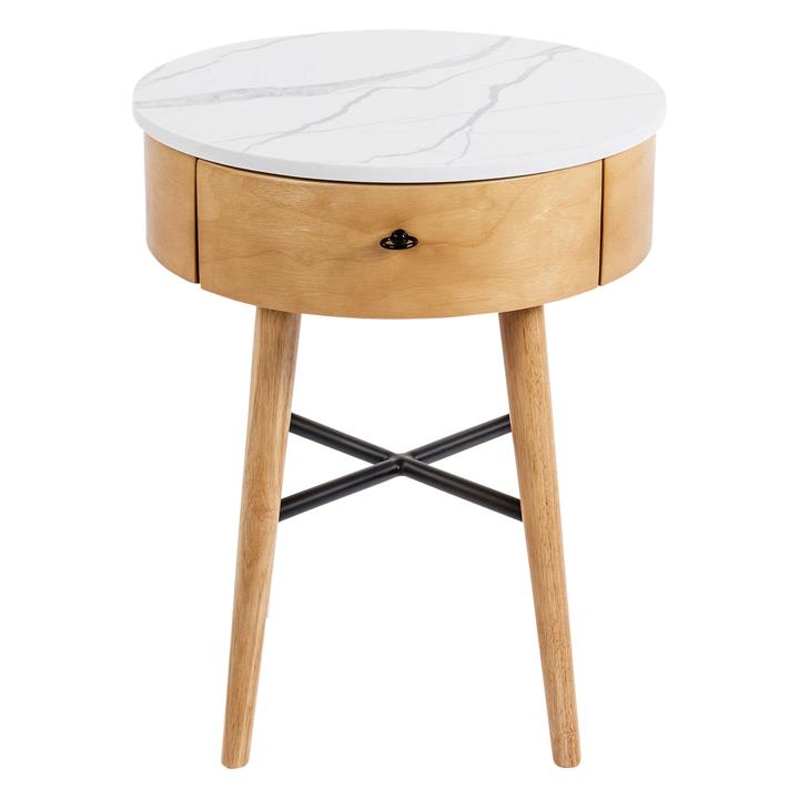 Eleanor Round Faux Marble Side Table with Drawer in Natural by Living