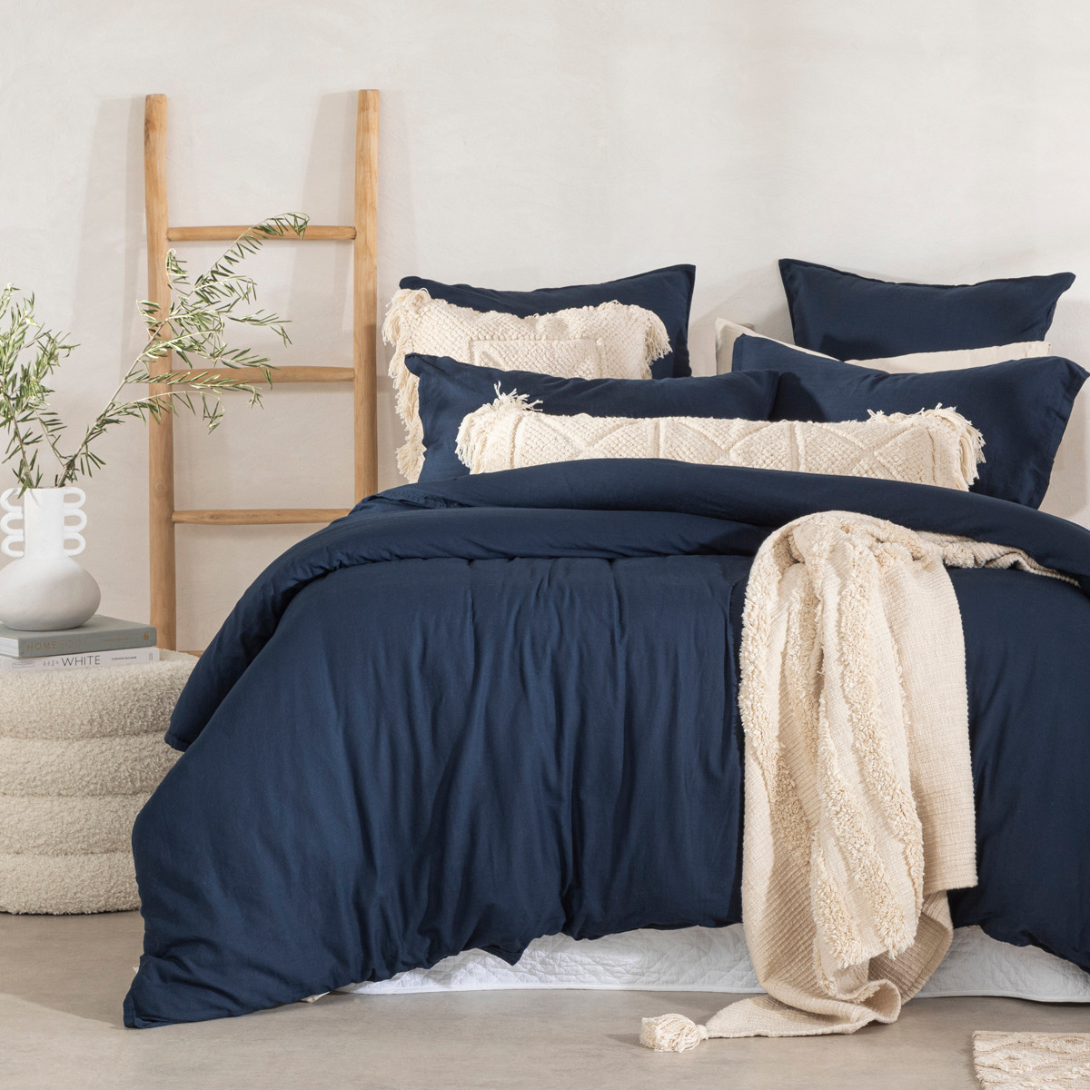 Essentials Washed Linen Look Navy Quilt Cover Set Navy Super King Bed