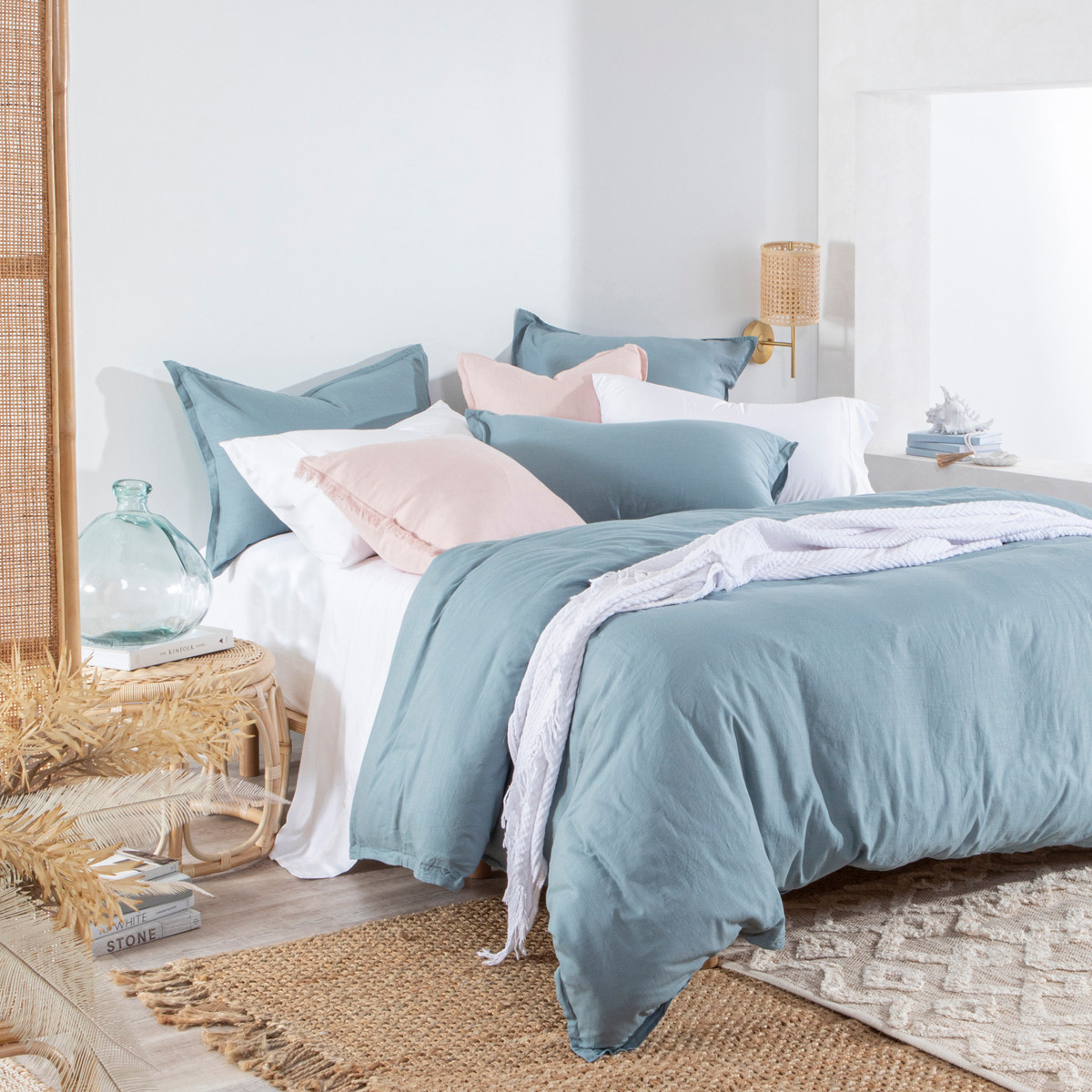 Essentials Washed Linen Look Dusty Blue Quilt Cover Set Dusty Blue