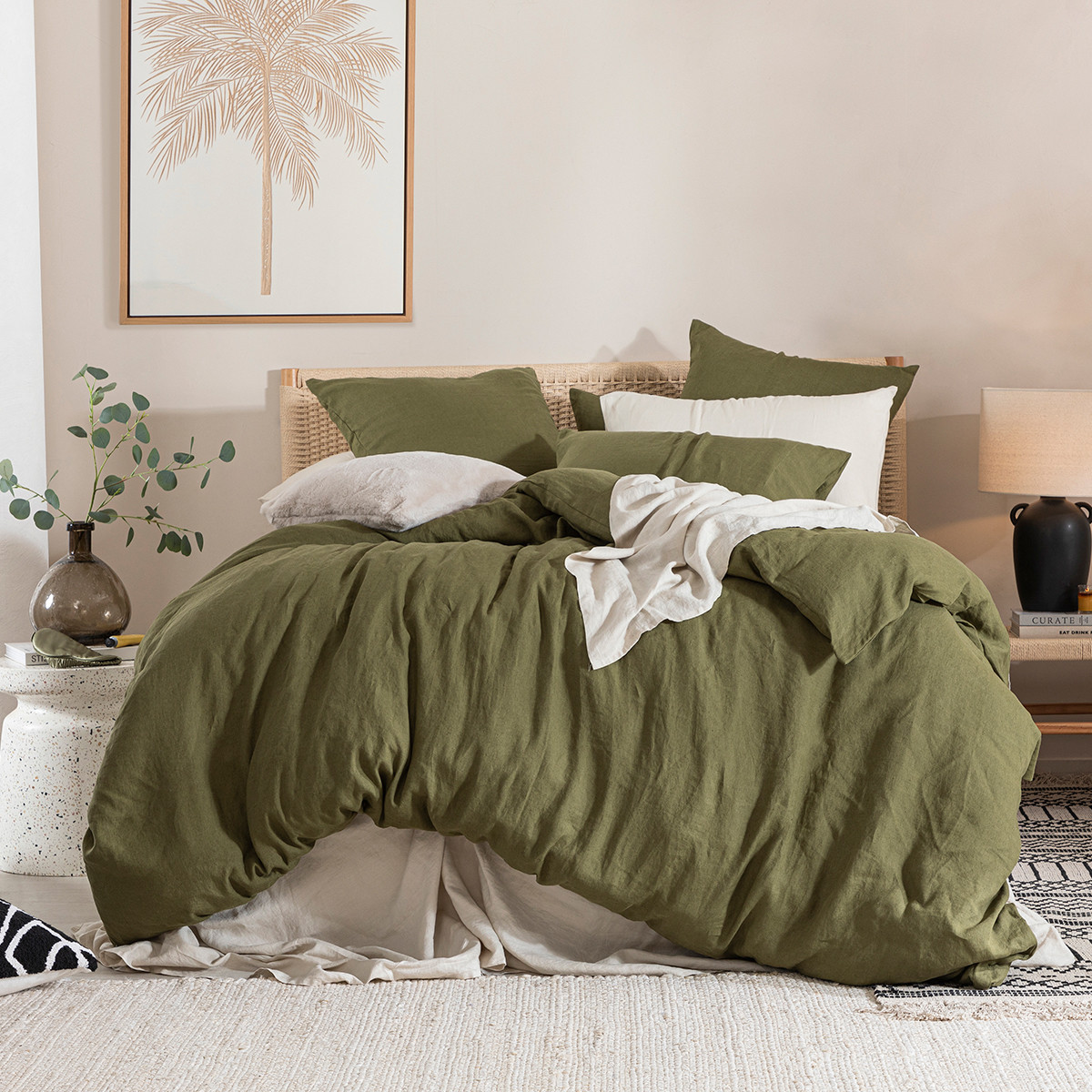 Muse Washed Linen Olive Quilt Cover Set Olive King Bed Quilt Cover Set