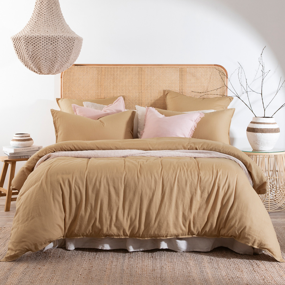 Essentials Washed Linen Look Caramel Quilt Cover Set Caramel Queen Bed