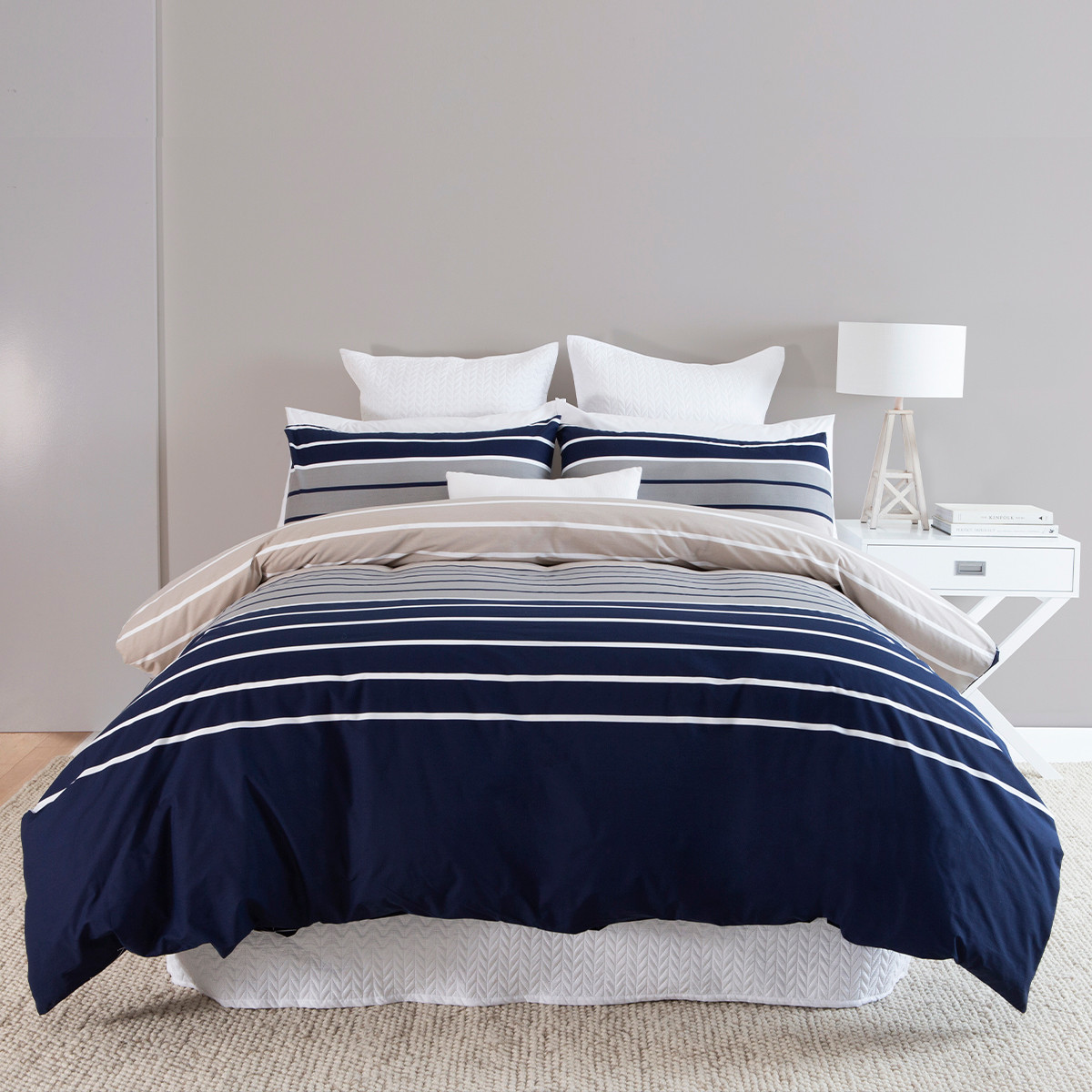 Cottonfield Deluxe Marina Quilt Cover Set Natural / Navy King Bed Quilt