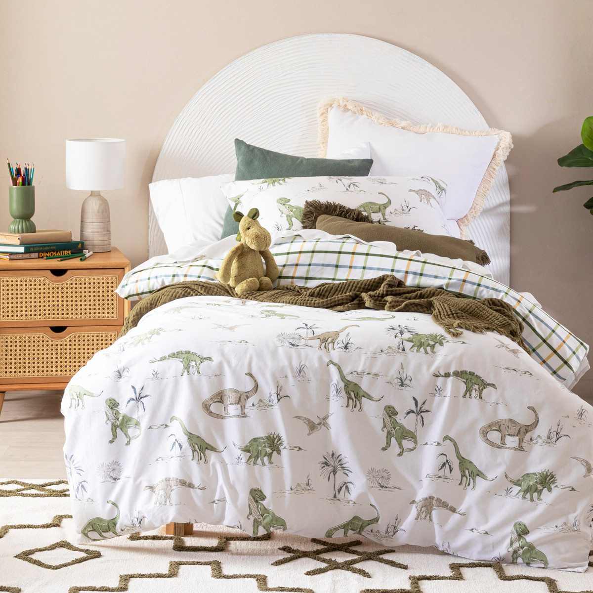 Kids By Pillow Talk Lost Dino World Quilt Cover Set White Multi Single