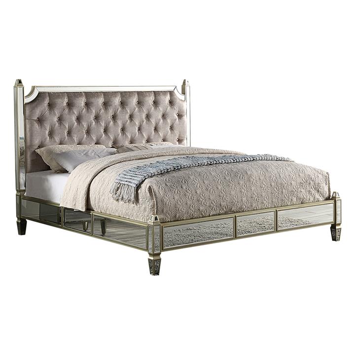 Marston Tufted Mirrored Bed Size Queen in Beige by Rothbury Home by