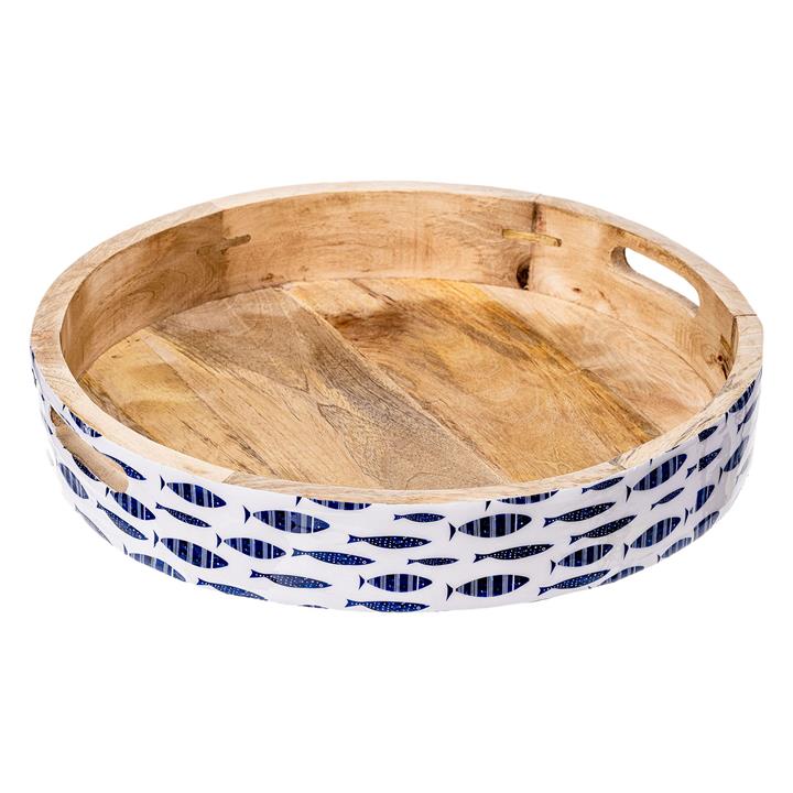 Atlantic Enamel Round Serving Tray in White/Blue by Casa Uno by Casa