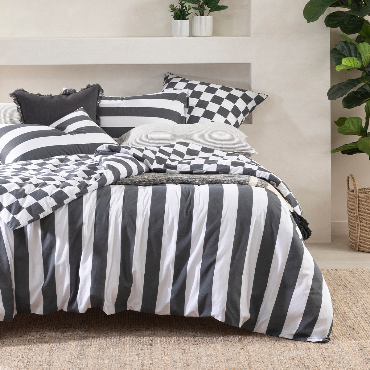 Habitat Check N Stripe Charcoal Quilt Cover Set Charcoal Single Bed