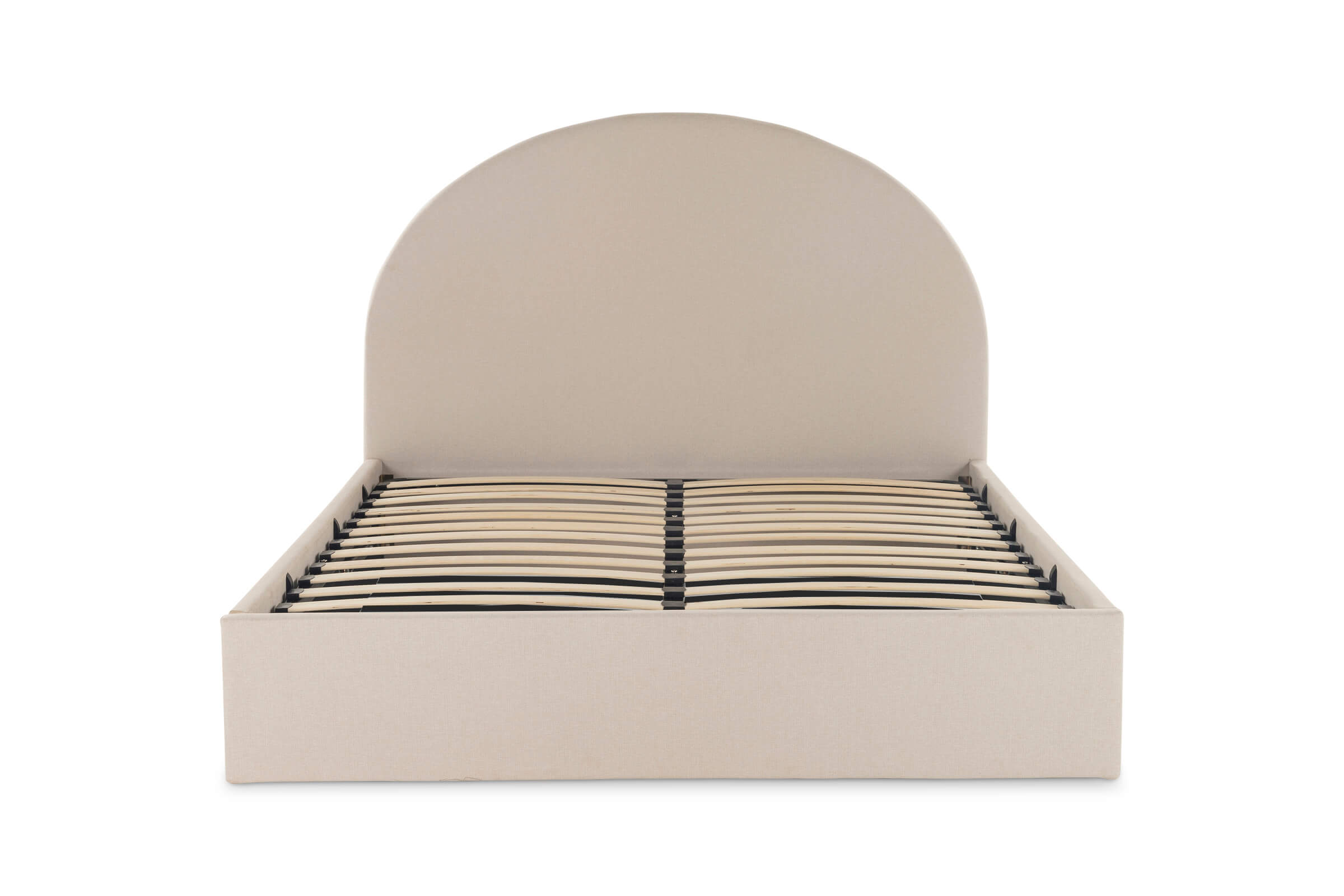 Harmony Arch Queen Modern Bed Frame, Gas Lift Storage, Beige, by Lounge Lovers by Lounge Lovers