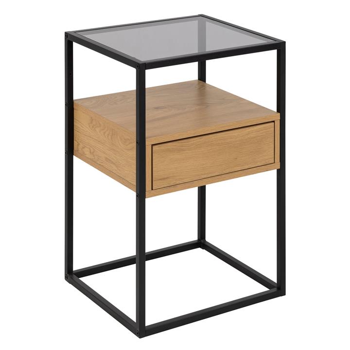 Wagner Glass Top Bedside Table in Timber/Black by Iniko by Iniko