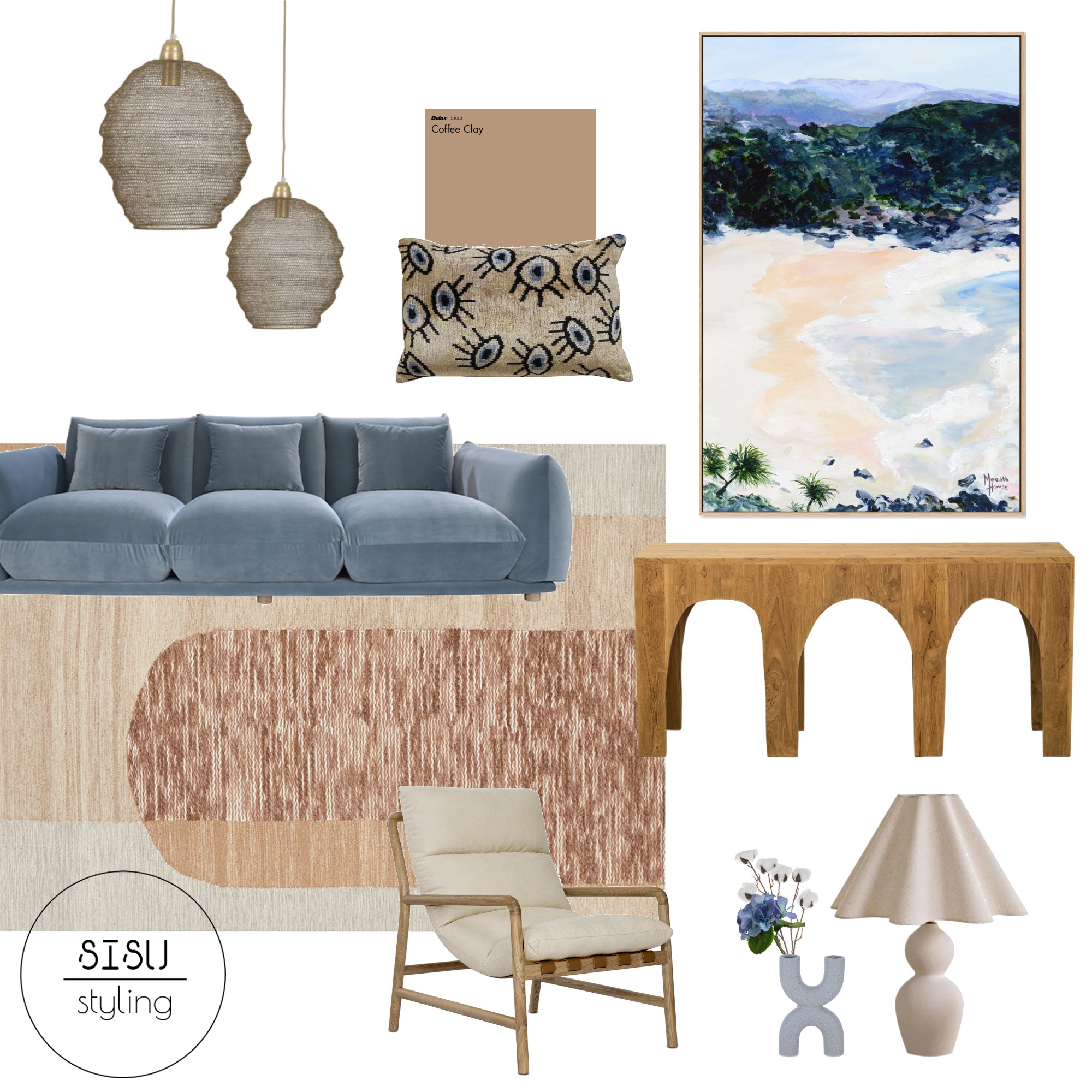 blue and brown lounge Interior Design Mood Board by Sisu Styling - Style Sourcebook