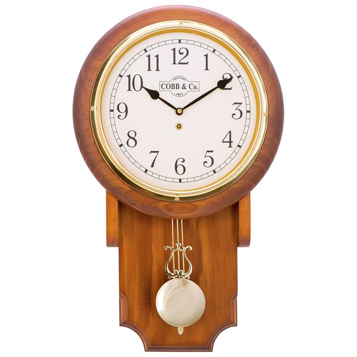 Cobb & Co. Pendulum Chime Wall Clock, Arabic Numerals, Medium, Satin Oak / Brass by Cobb & Co