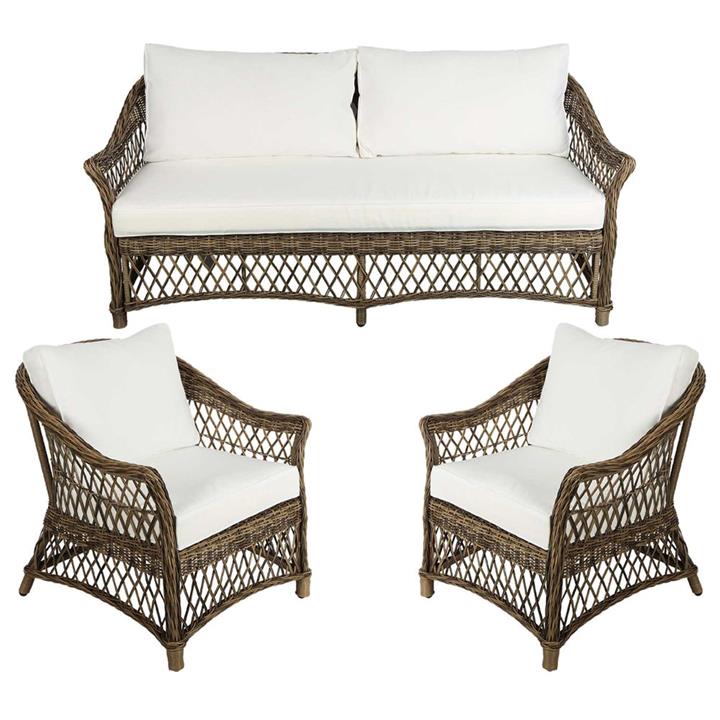 Marco Synthetic Wicker 3 piece Outdoor Lounge Set, 2+1+1 Seater, Natural by Florabelle Style